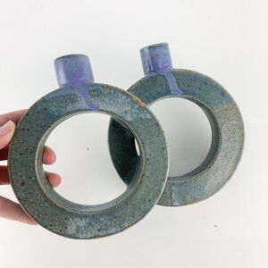 Vintage Studio Pottery Stoneware Double Donut Vase Blue Purple Mid Century Mcm